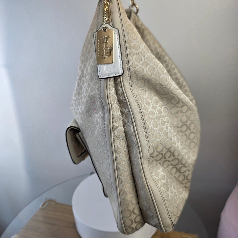 COACH Madison Op Art Pearl Signature Tan Khaki Canvas Hobo Shoulder Bag Purse - Picture 4 of 16